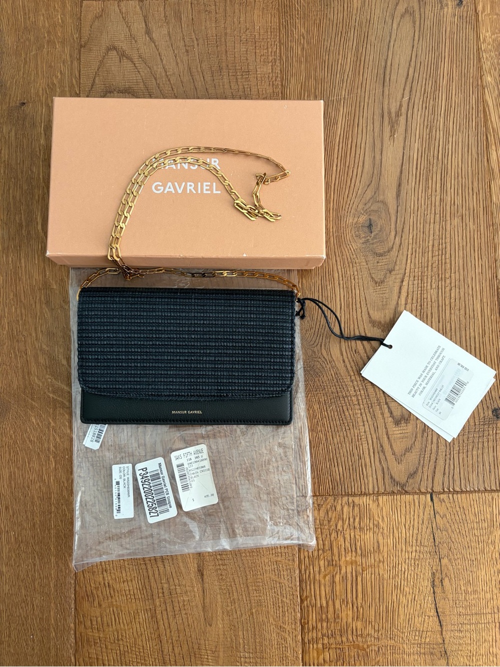 Mansur Gavriel Black Raffia and Leather Chain Crossbody